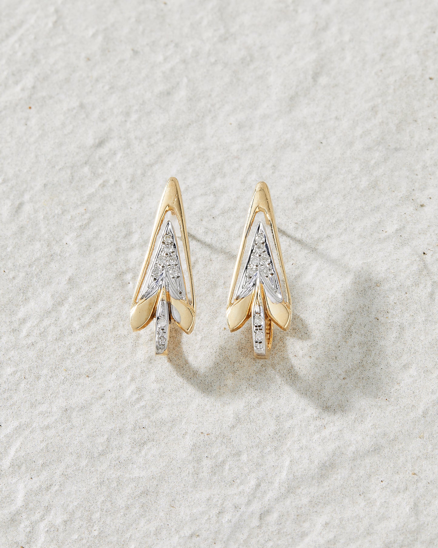 14k Yellow and white gold diamond pave J-hoop arrow earrings