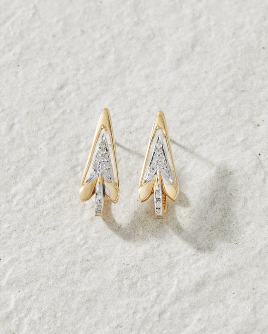 14k Yellow and white gold diamond pave J-hoop arrow earrings