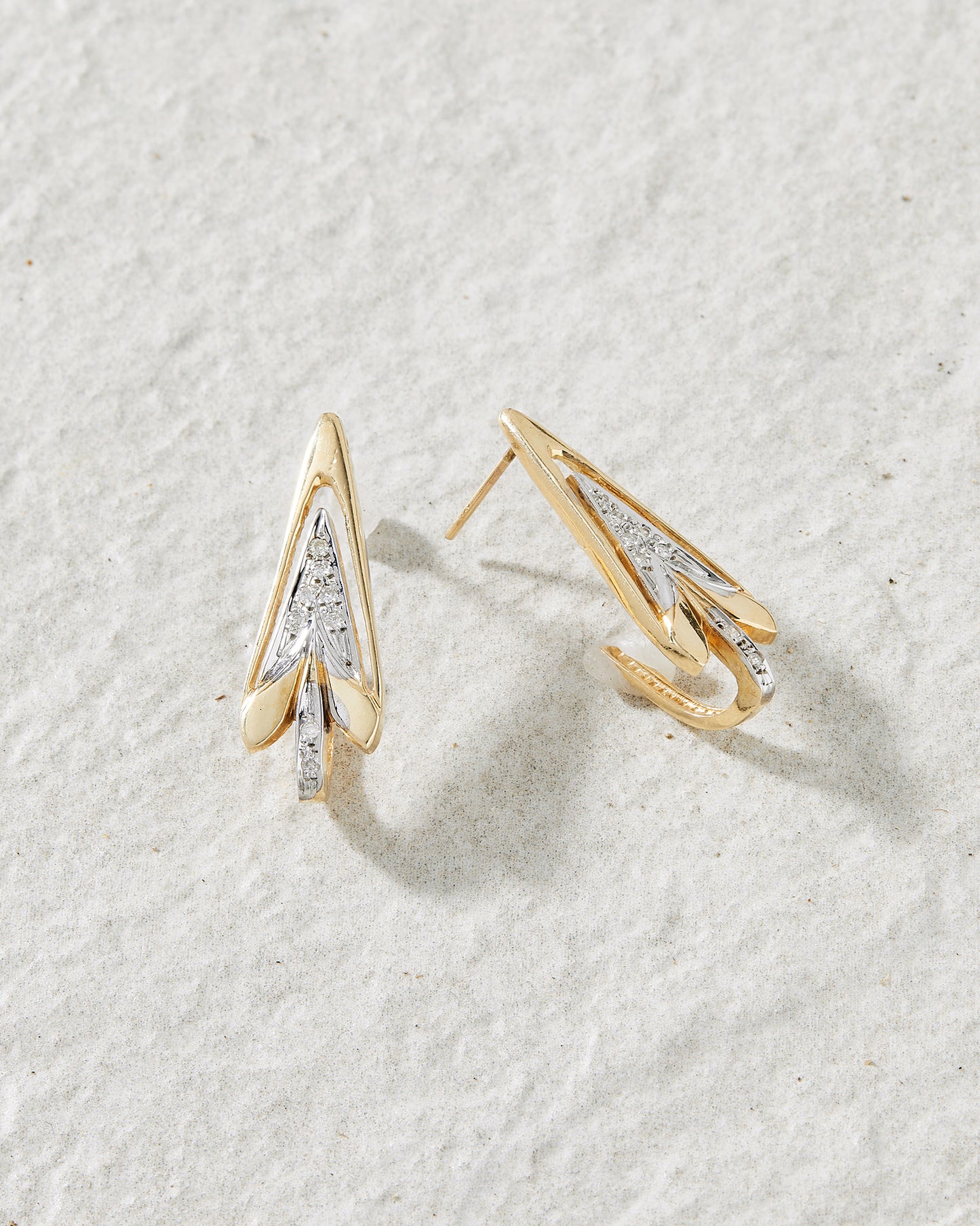 14k Yellow and white gold diamond pave J-hoop arrow earrings